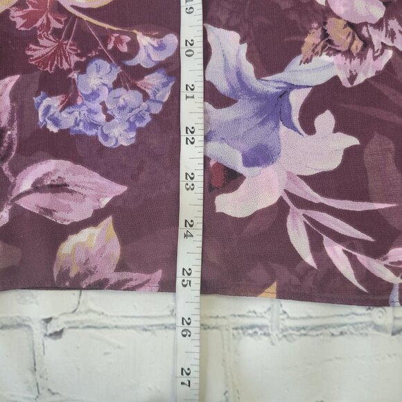 WHITE HOUSE BLACK MARKET BURGUNDY & PINK MULTICOLOR FLORAL RUFFLE BLOUSE size M - Picture 5 of 11